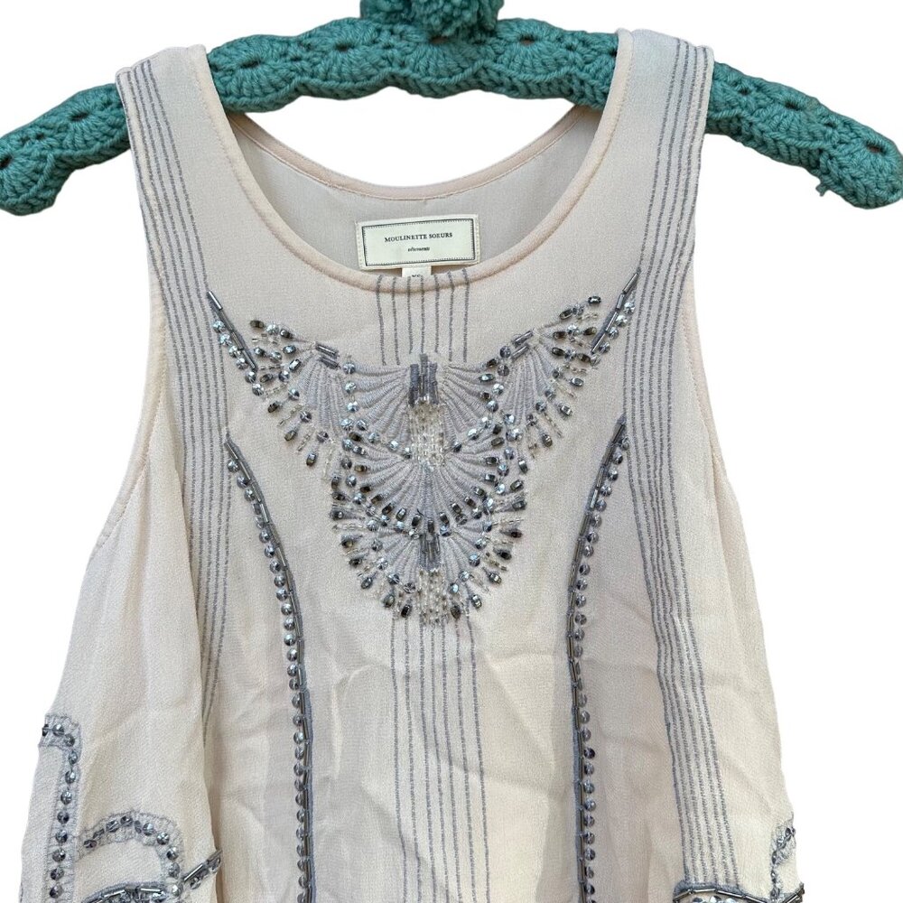 Moulinette Soeurs Beaded Velvet Flowy Tan Grey Tank Top Size XS - Picture 2 of 11
